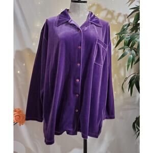 Vtg Honors Velour Velvet Button Shirt Womens Size XL Purple Pocket 90s Y2K Soft